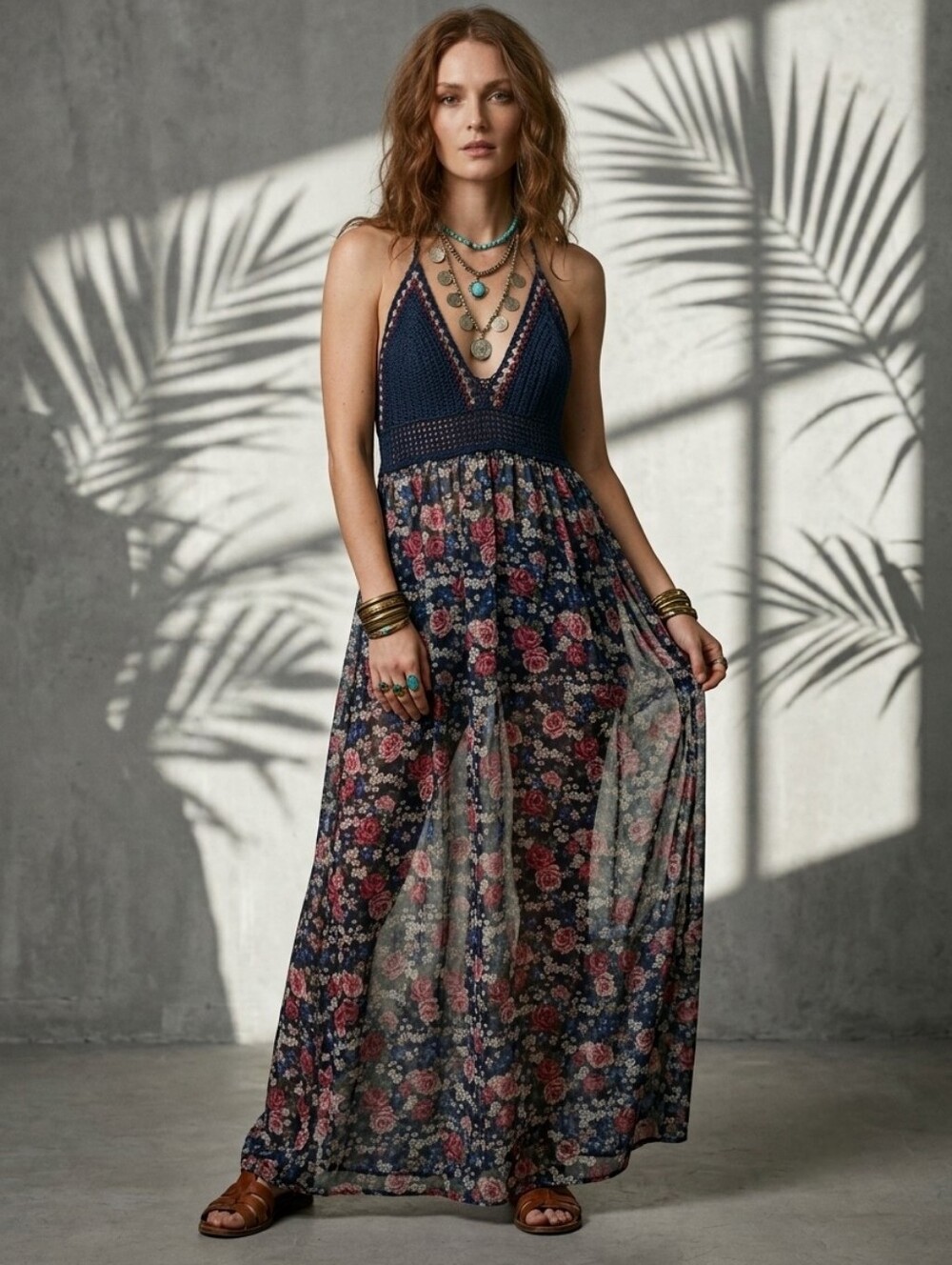 Forever 21 Plus Boho Floral Crochet Bodice Tie-Back Maxi Dress Navy Red Multi 2X